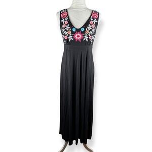 CAITE Embroidered Maxi Dress‎ Size Large Black Floral Boho Garden Party Resort